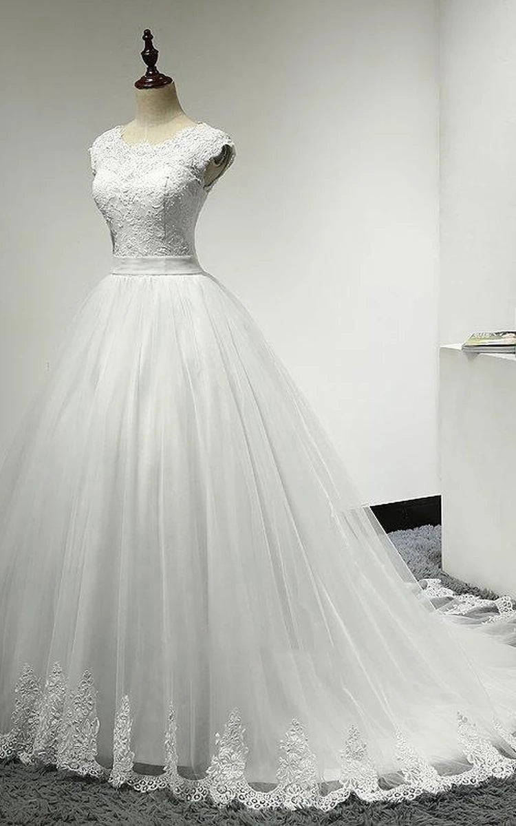 Jewel Neck Cap Sleeve Tulle Ball Gown with Scalloped Hem