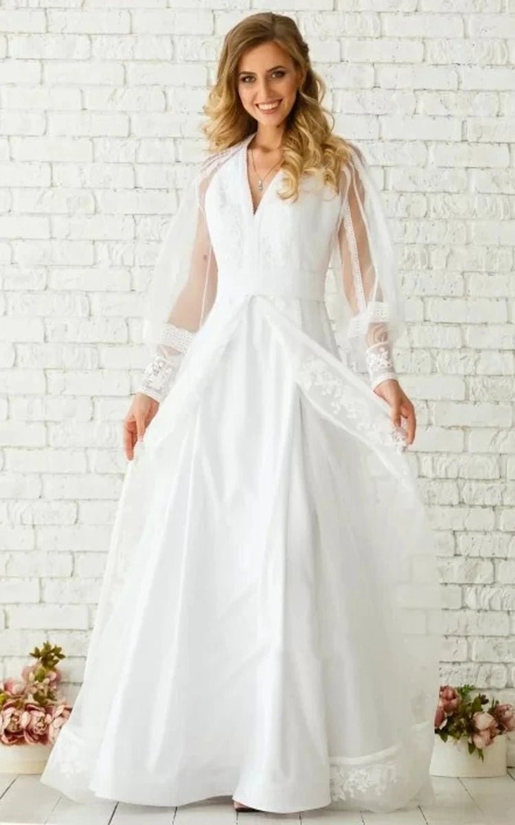 Elegant Floor-length Long Sleeve Chiffon A-line Zipper Wedding Dresses with Ruching