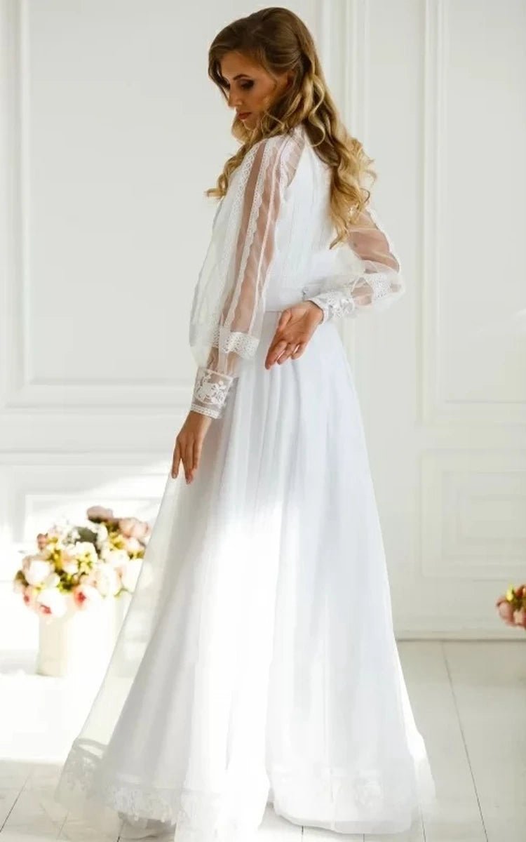 Elegant Floor-length Long Sleeve Chiffon A-line Zipper Wedding Dresses with Ruching