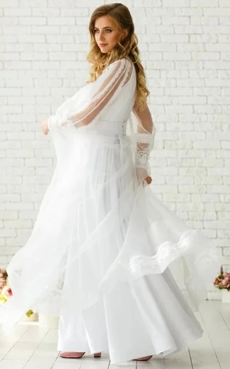 Elegant Floor-length Long Sleeve Chiffon A-line Zipper Wedding Dresses with Ruching