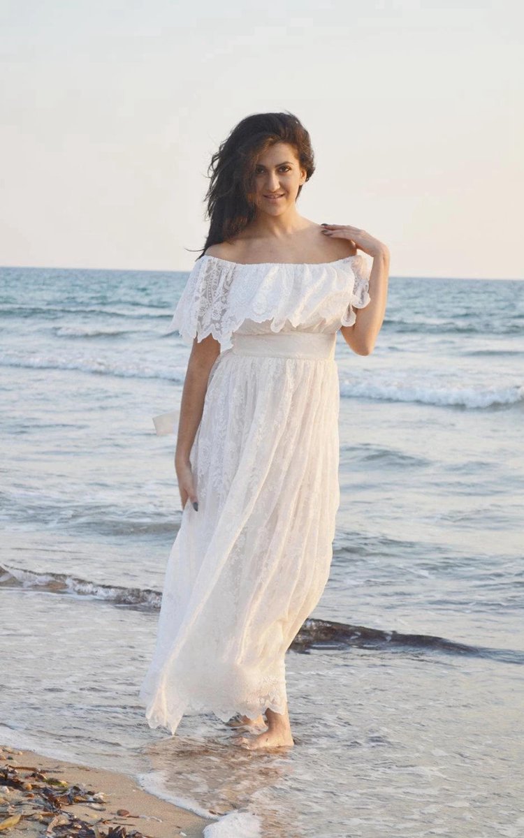 Boho Off-The-Shoulder Empire Anckle-Length Lace Wedding Dresses with Sash