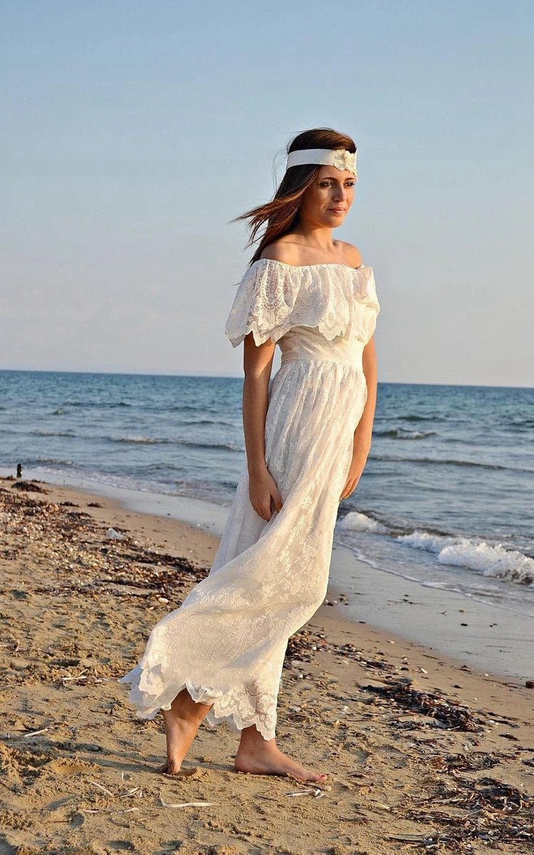 Boho Off-The-Shoulder Empire Anckle-Length Lace Wedding Dresses with Sash