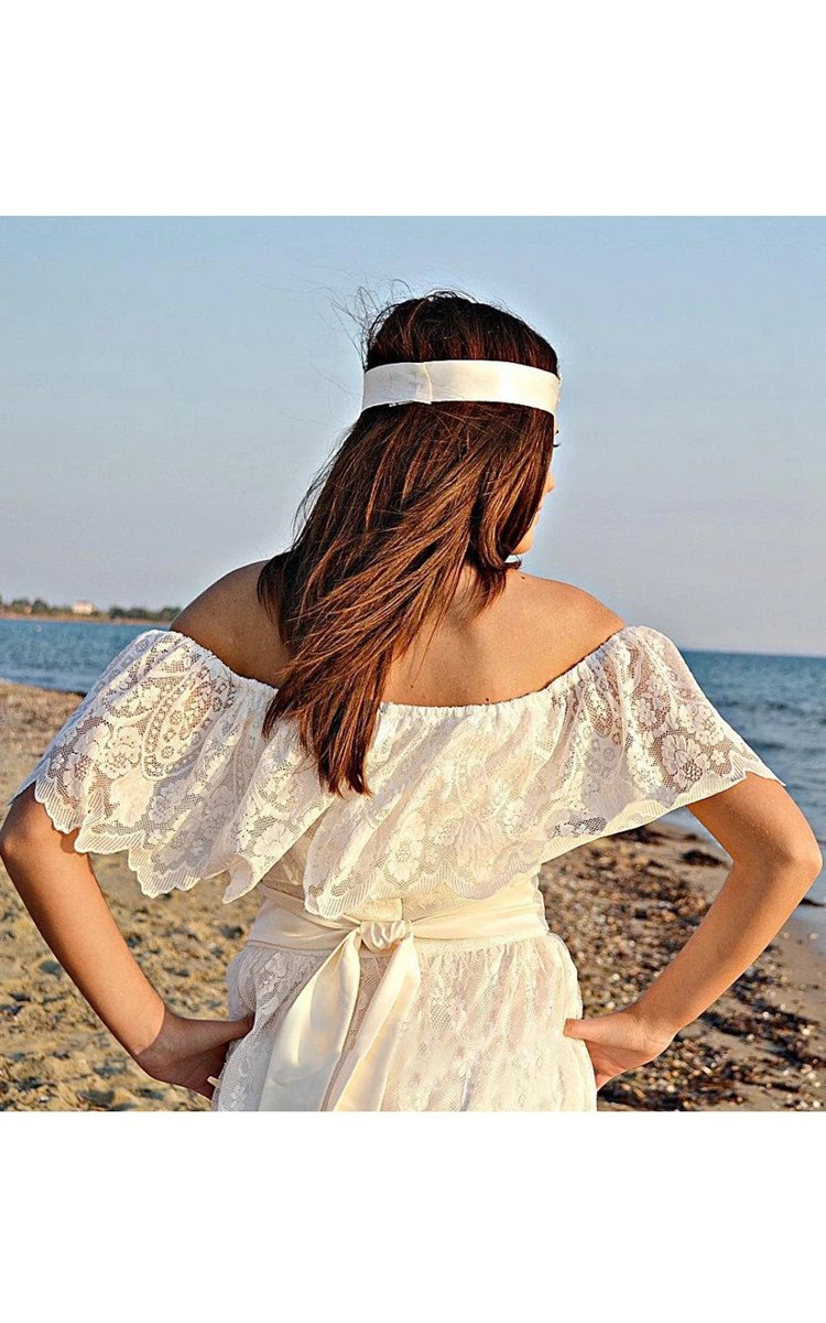 Boho Off-The-Shoulder Empire Anckle-Length Lace Wedding Dresses with Sash