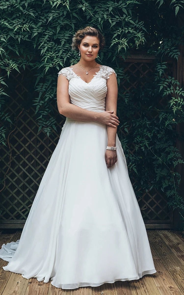 A-line Long V-Neck Cap Chiffon Appliques Criss Cross Court Train Criss cross Dresses