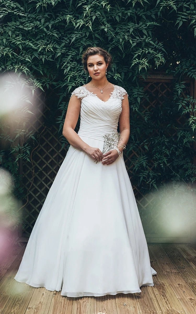 A-line Long V-Neck Cap Chiffon Appliques Criss Cross Court Train Criss cross Dresses