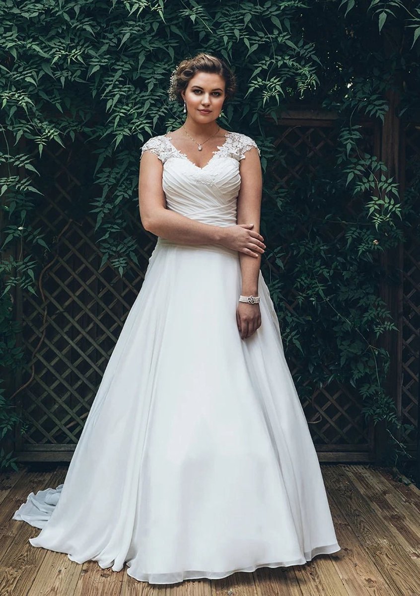 A-line Long V-Neck Cap Chiffon Appliques Criss Cross Court Train Criss cross Dresses