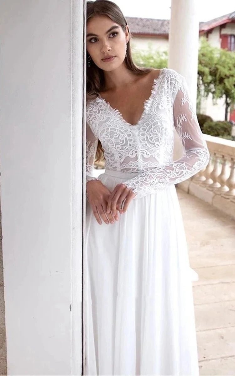 Romantic Modern A-line Floor-length Chiffon Lace V-neck Long Sleeve Wedding Dresses