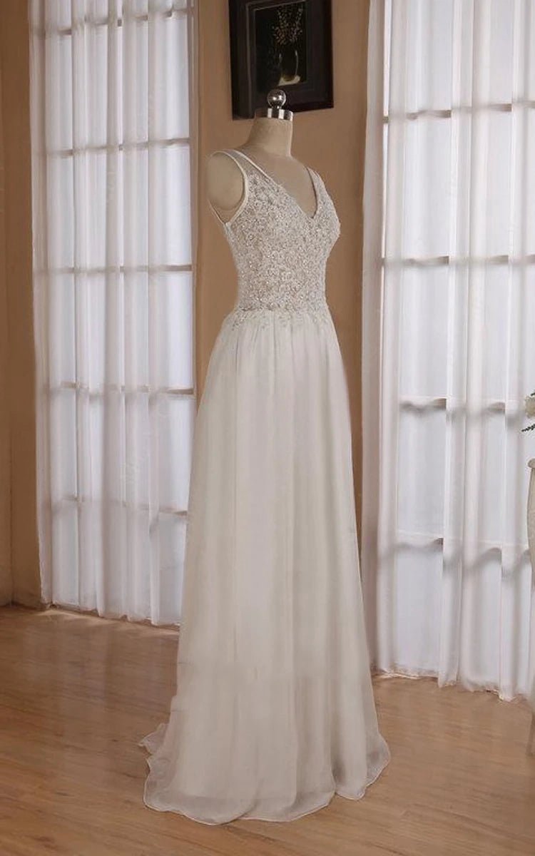 V-Neck Sleeveless Backless Floor-Length Chiffon Wedding Dresses with Sequins