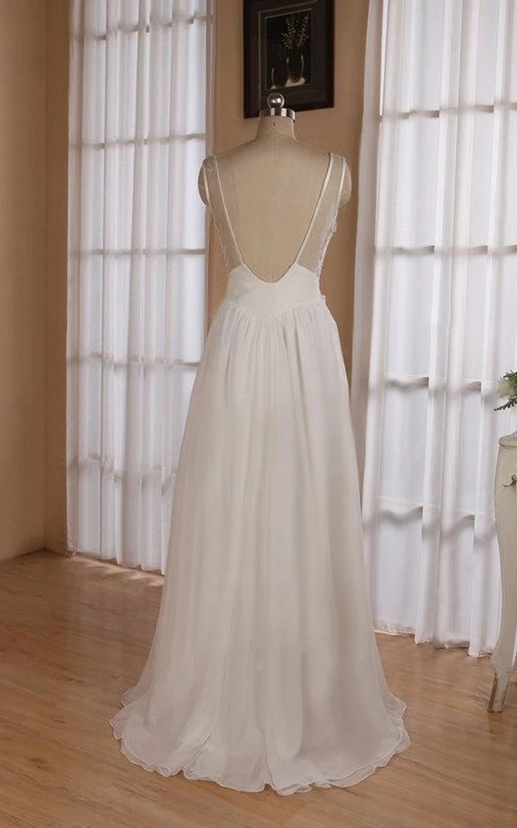 V-Neck Sleeveless Backless Floor-Length Chiffon Wedding Dresses with Sequins