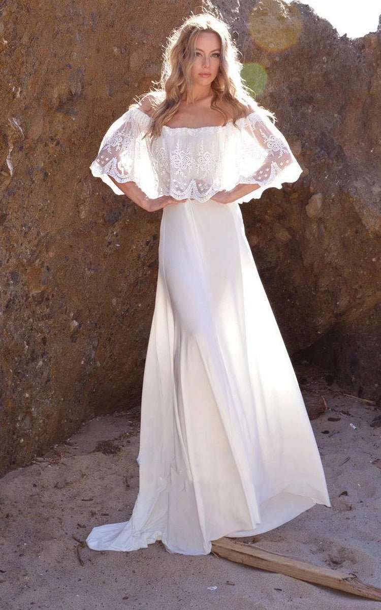 Off-The-Shoulder Lace Jersey Dresses with Embroideries Ruffles