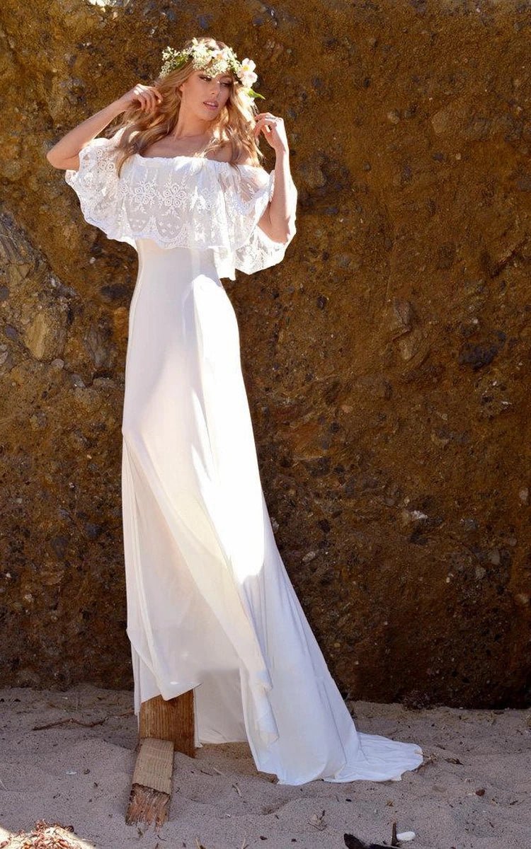 Off-The-Shoulder Lace Jersey Dresses with Embroideries Ruffles