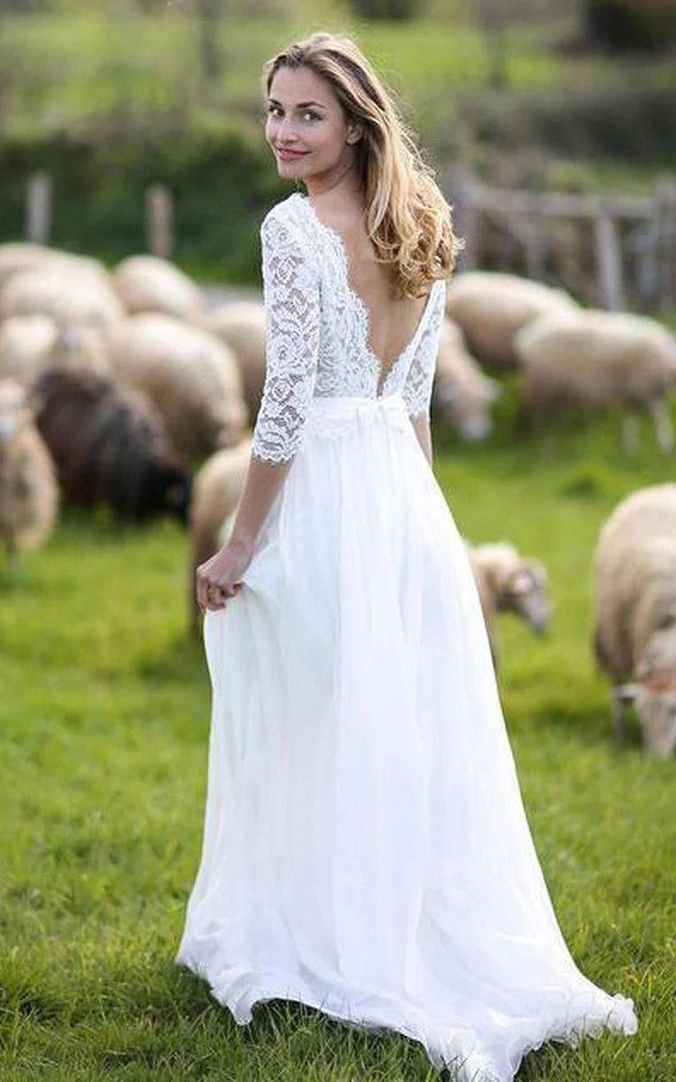 A-line V-neck Chiffon Lace Floor-length 3/4 Length Sleeve Wedding Dresses