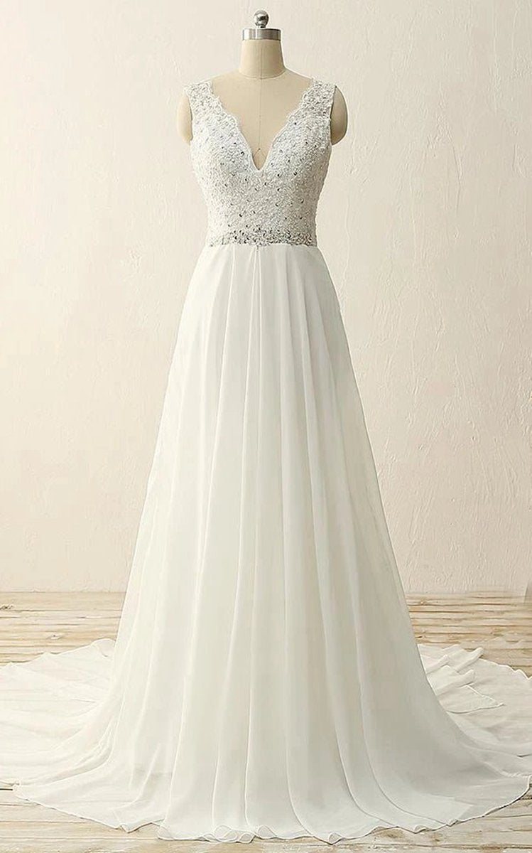 Maxi V-Neck Beading Chiffon Lace Satin Dresses