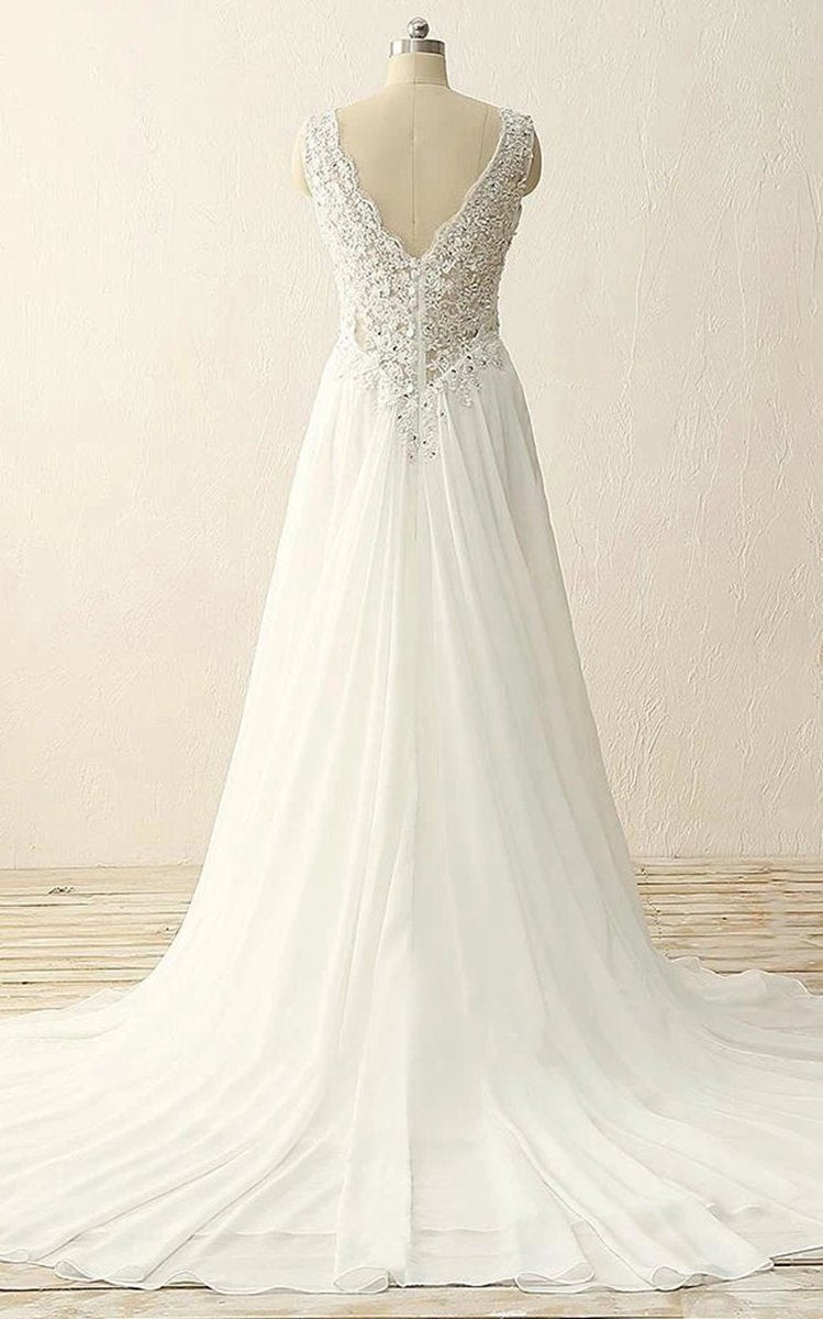Maxi V-Neck Beading Chiffon Lace Satin Dresses