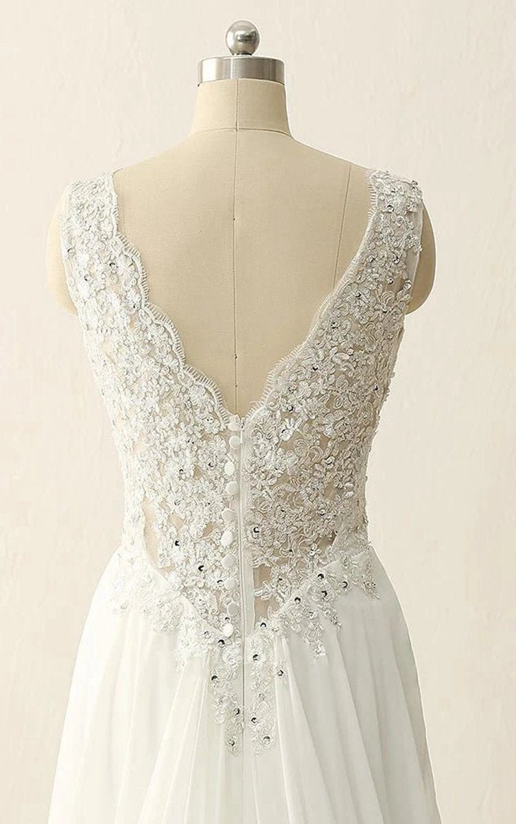 Maxi V-Neck Beading Chiffon Lace Satin Dresses