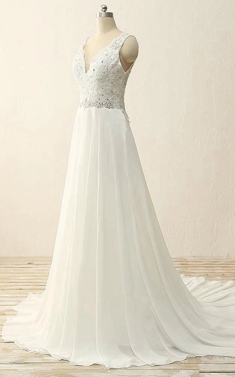 Maxi V-Neck Beading Chiffon Lace Satin Dresses