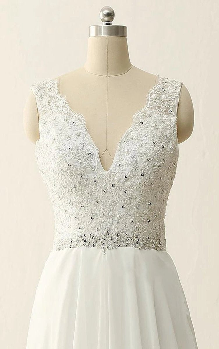 Maxi V-Neck Beading Chiffon Lace Satin Dresses