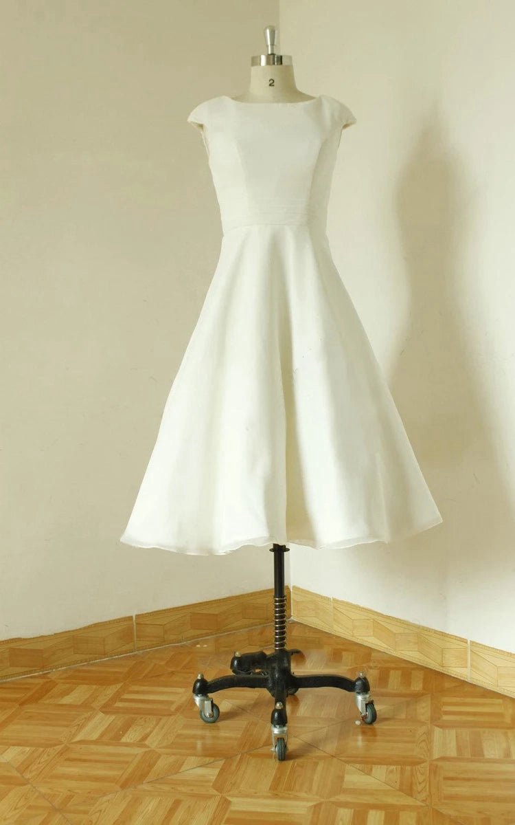 Jewel Cap Sleeve Zipper Back Tea-Length Satin Wedding Dresses