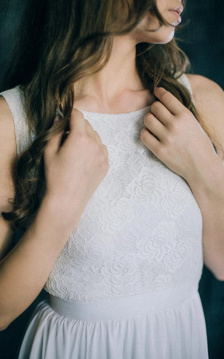 A-line Short Sleeveless Sleeve Chiffon Lace Satin Dresses