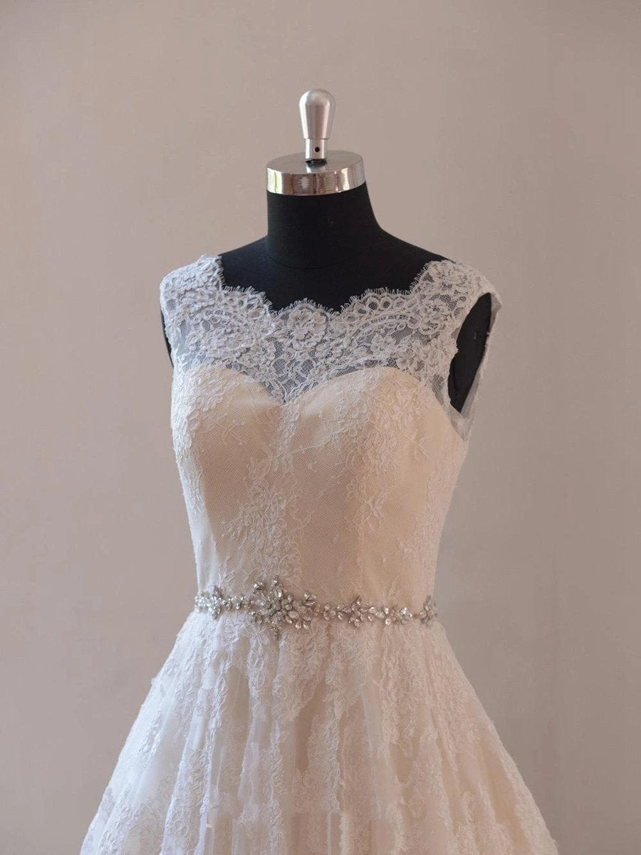 A-line Champange Lining Lace Wedding Dresses with Illusion Neckline
