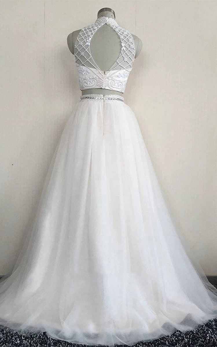 Two Piece High Neck Sleeveless Tulle Dresses with Beading