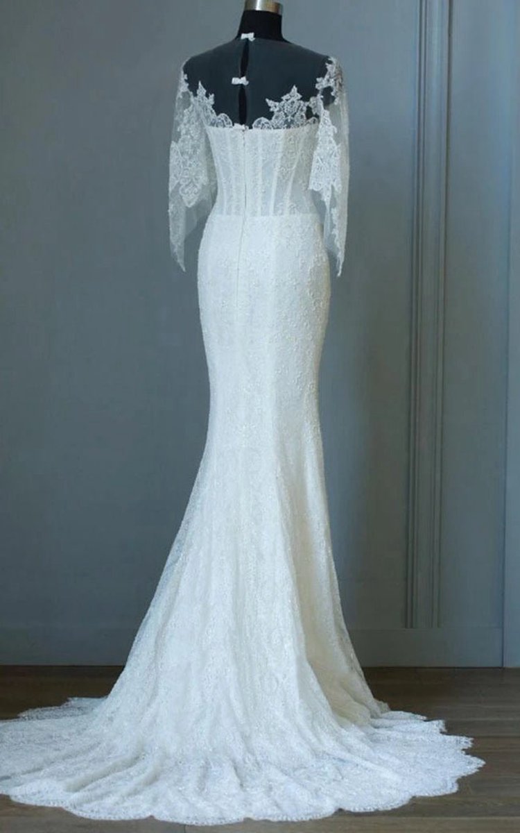 Mermaid Sweep-Train Half Sleeve Bell Zipper Keyhole Lace Dresses