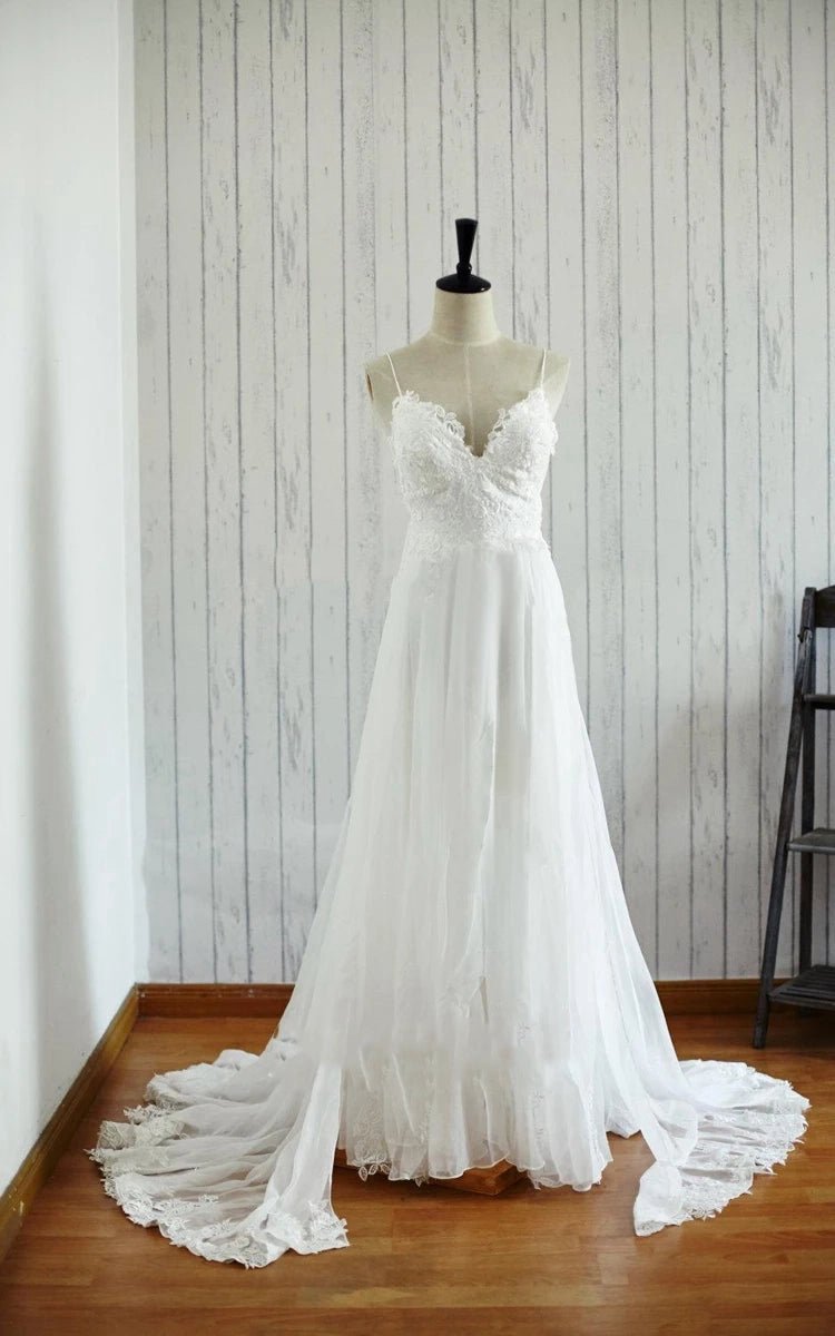 A-line Backless Chiffon Lace Satin Wedding Dresses