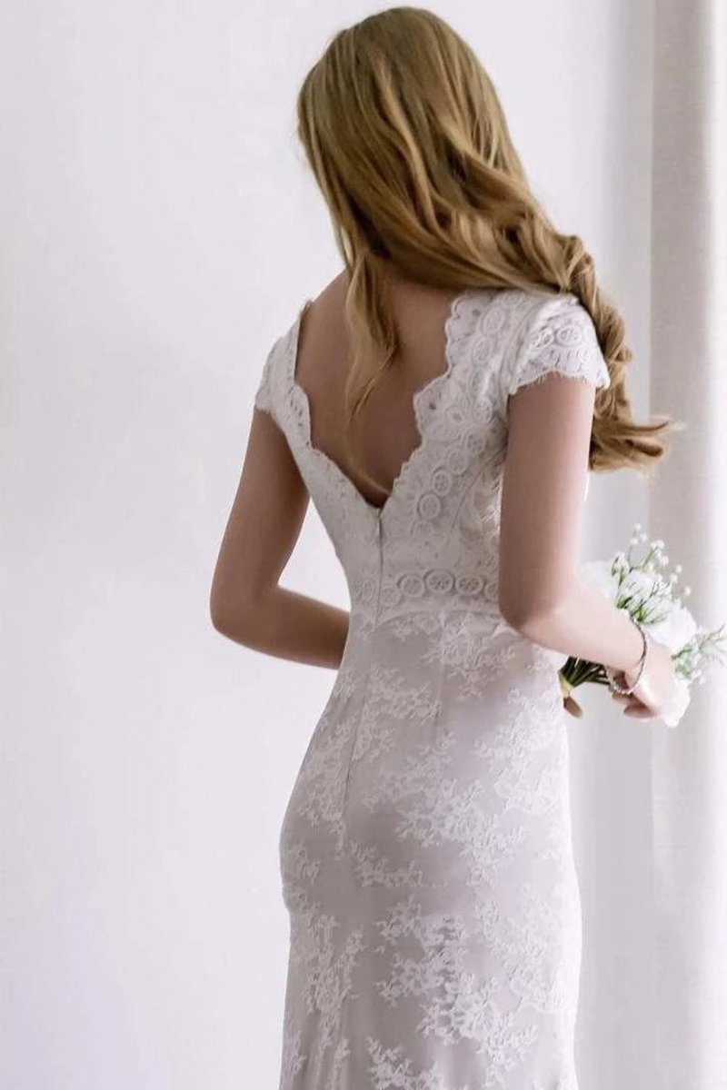 Cap Sleeve Satin Lace Split Mermaid Wedding Dresses