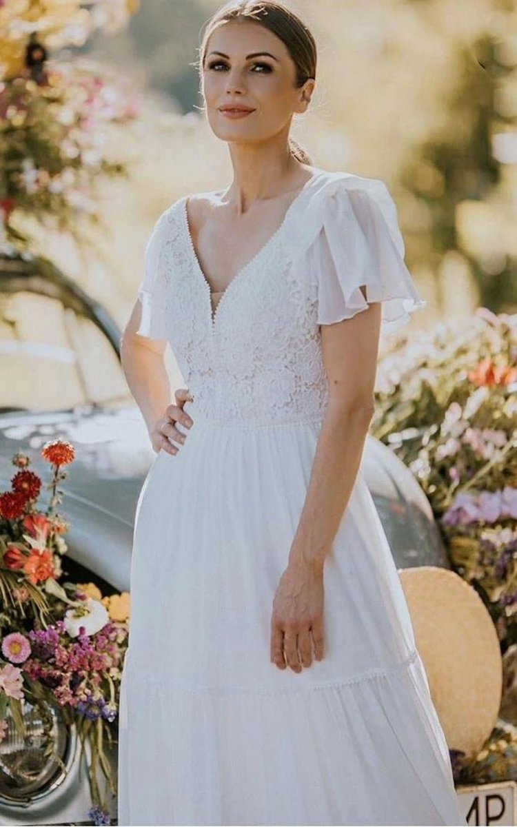 A-line V-neck Lace Floor-length Short Sleeve Wedding Dresses with Ruffles