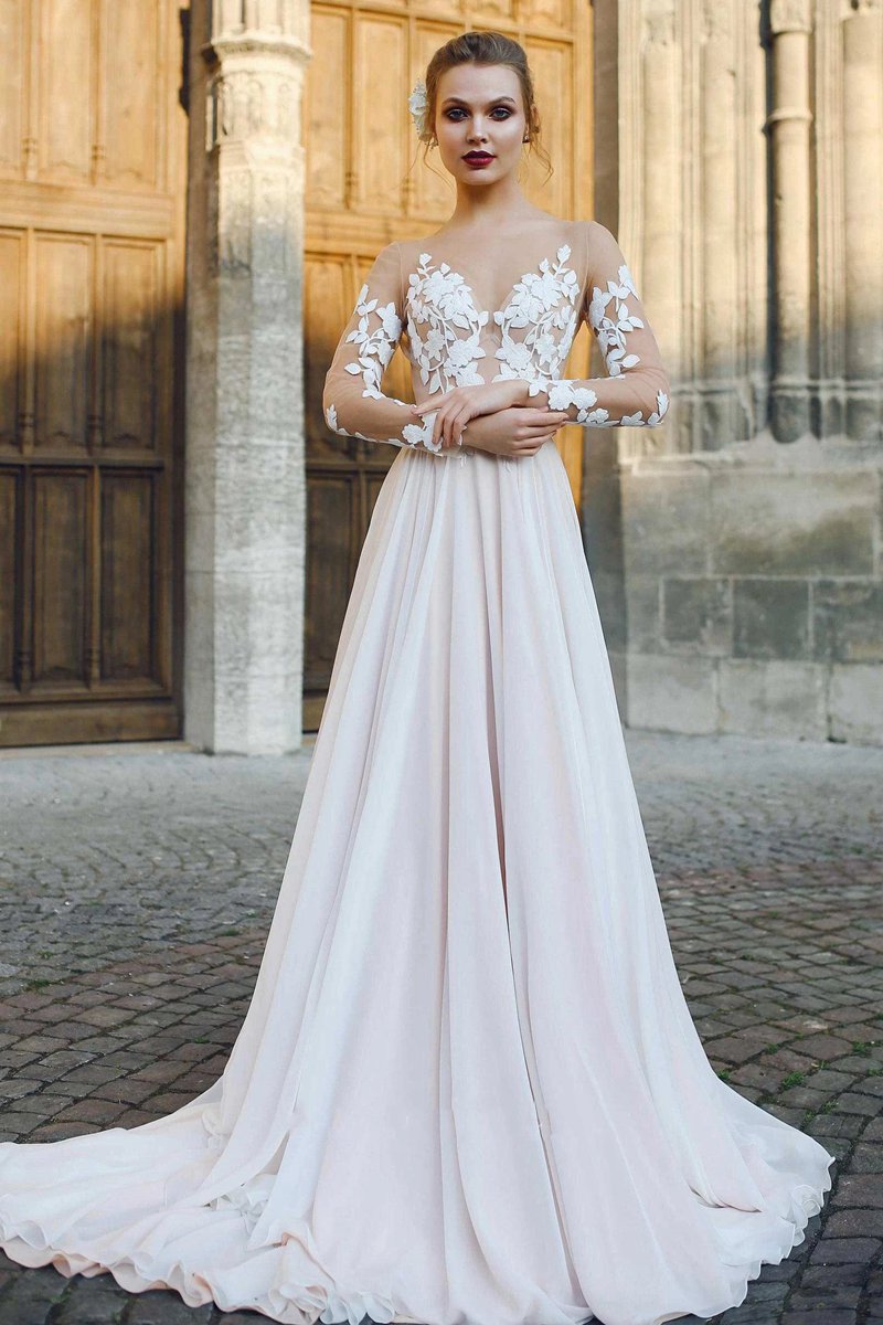 Bateau Illusion Long Sleeve Appliqued A-line Chiffon Wedding Dresses