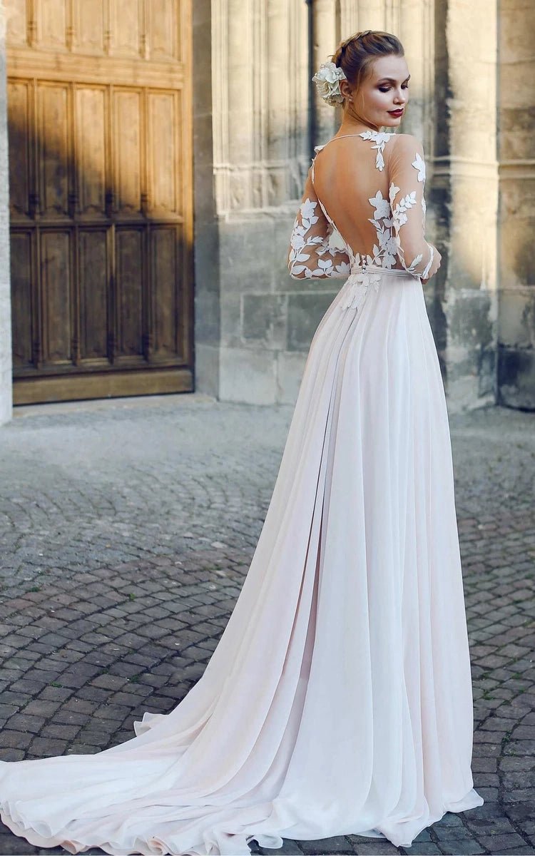 Bateau Illusion Long Sleeve Appliqued A-line Chiffon Wedding Dresses