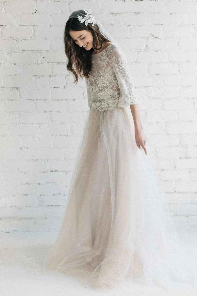 Bateau Lace Half Sleeve A-line Tulle Dresses with Low-V Back