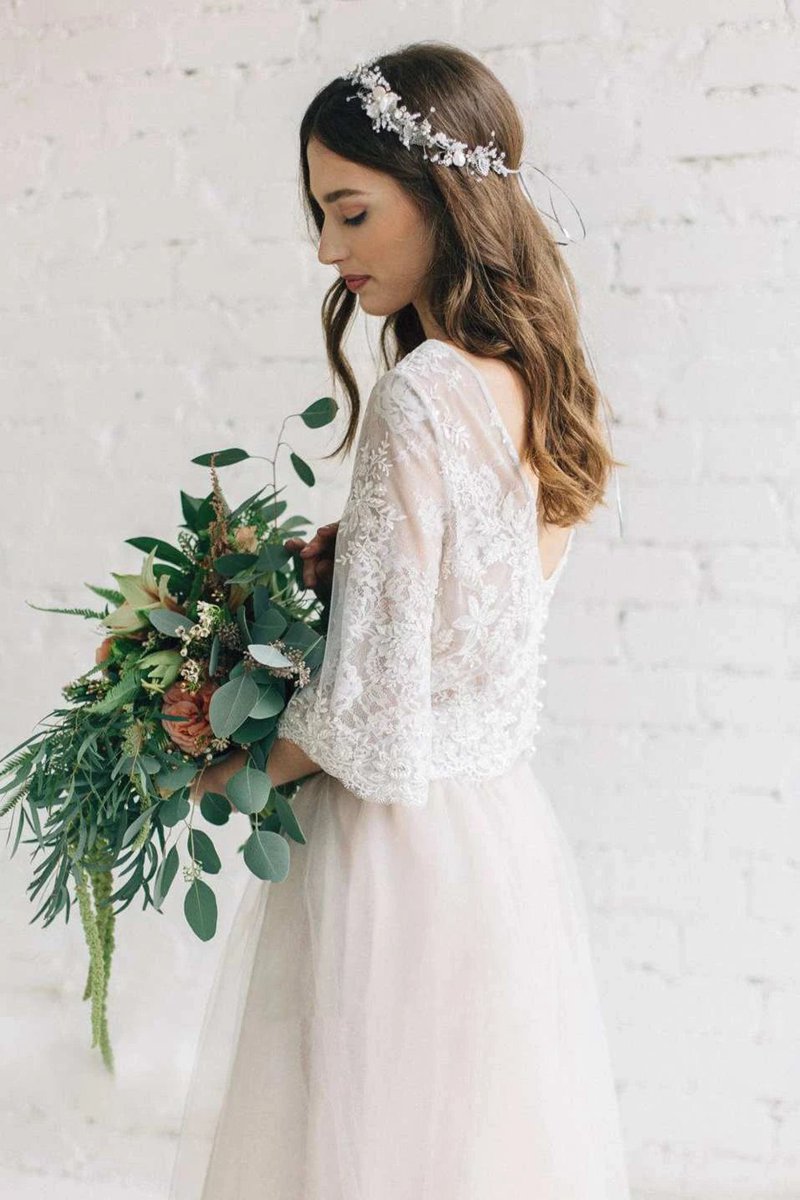 Bateau Lace Half Sleeve A-line Tulle Dresses with Low-V Back