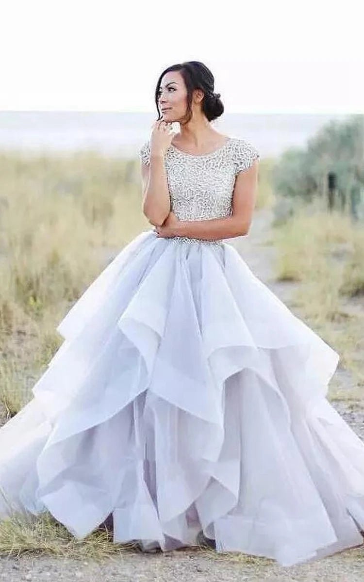 Adorable Country Style Organza Ruffled Cap-sleeve Ball Gown Wedding Dresses