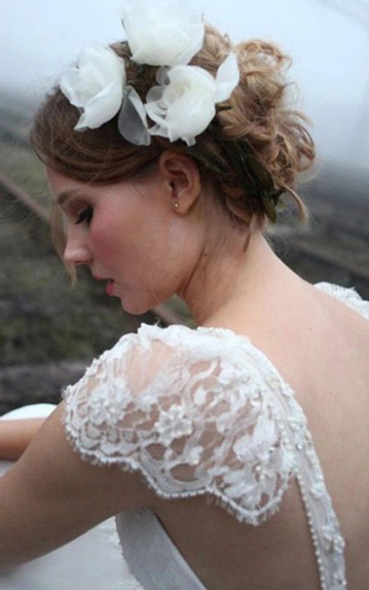 A-line Princess V-neck Floor-length Cap Sleeve Lace Chiffon Wedding Dresses