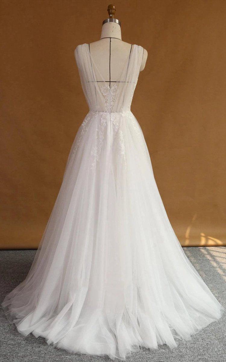A-line Strapped V-Neck Lace Satin Dresses with Appliques Low-V Back