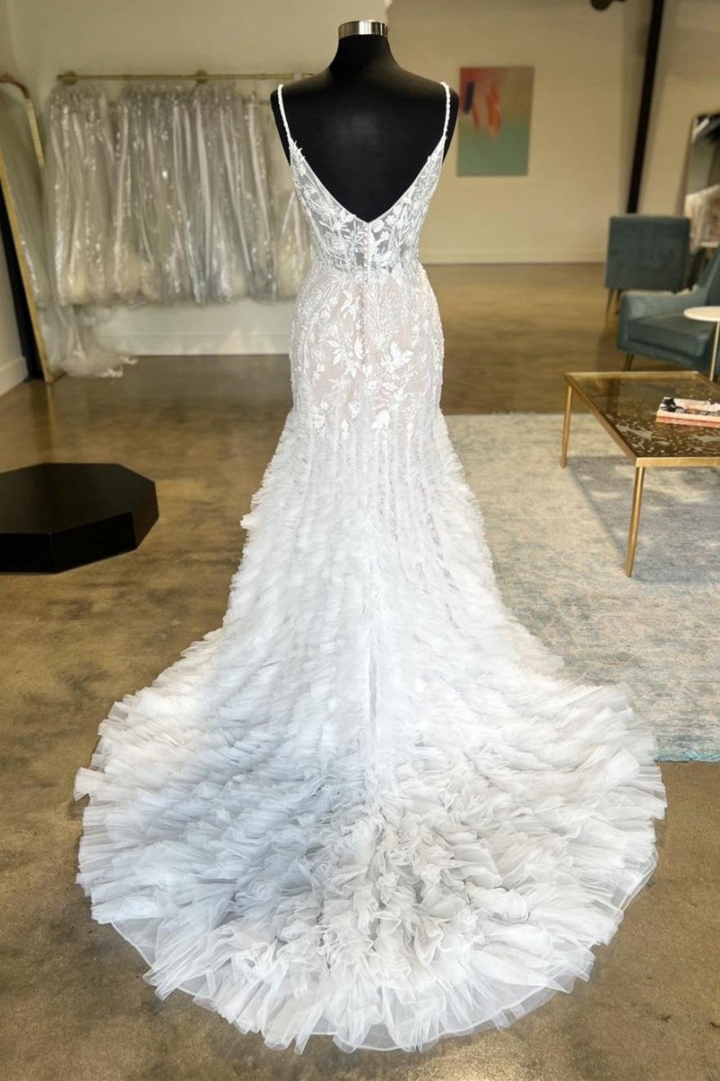Spaghetti Strap Ruffles Trumpet Long Wedding Dresses