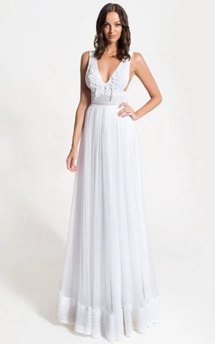 Grecian A-line V-neck Lace Tulle Wedding Dresses with Open Back And Appliques