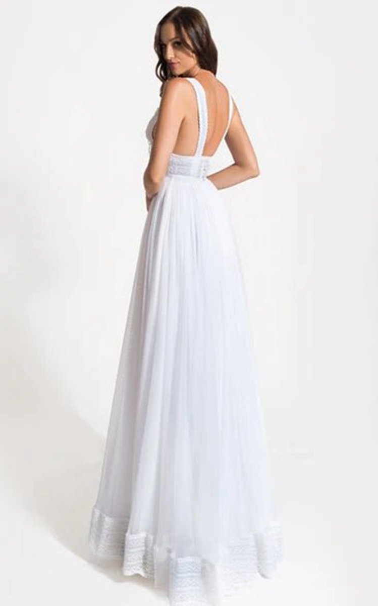 Grecian A-line V-neck Lace Tulle Wedding Dresses with Open Back And Appliques