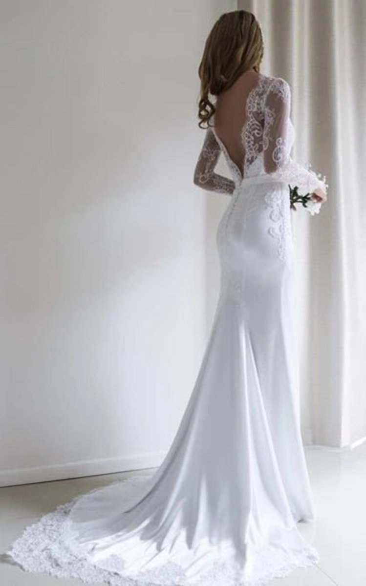Bateau Lace Long Sleeve Sheath Chiffon Wedding Dresses with Sweep Train