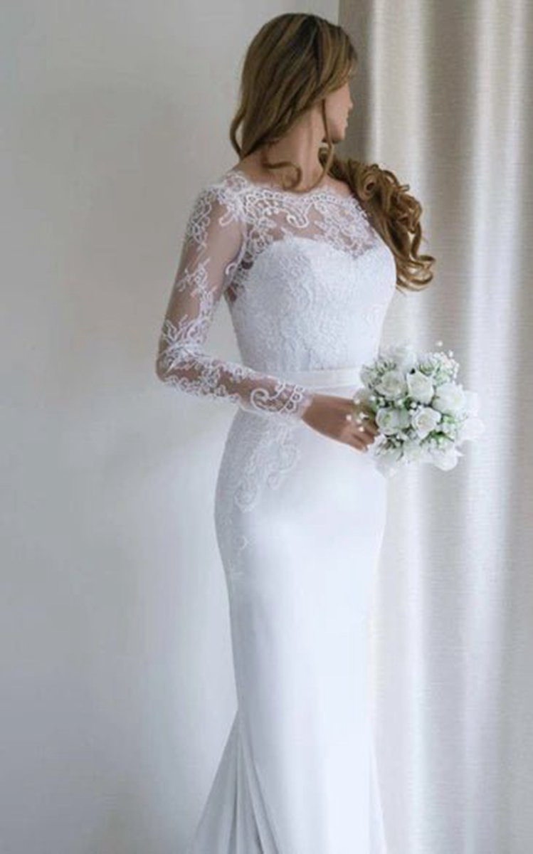 Bateau Lace Long Sleeve Sheath Chiffon Wedding Dresses with Sweep Train