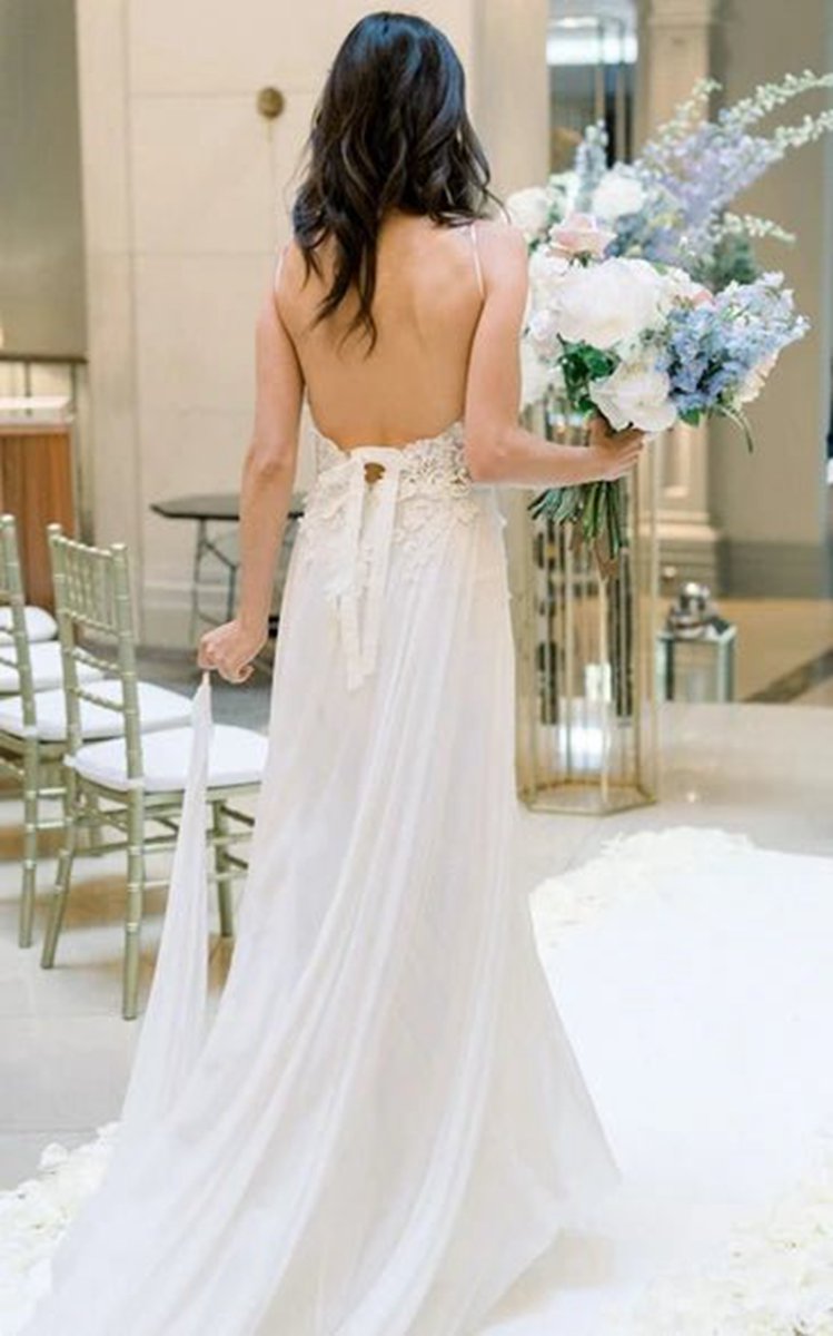 Spaghetti A-line Lace Bohemian Wedding Dresses with Open Back And Split Front