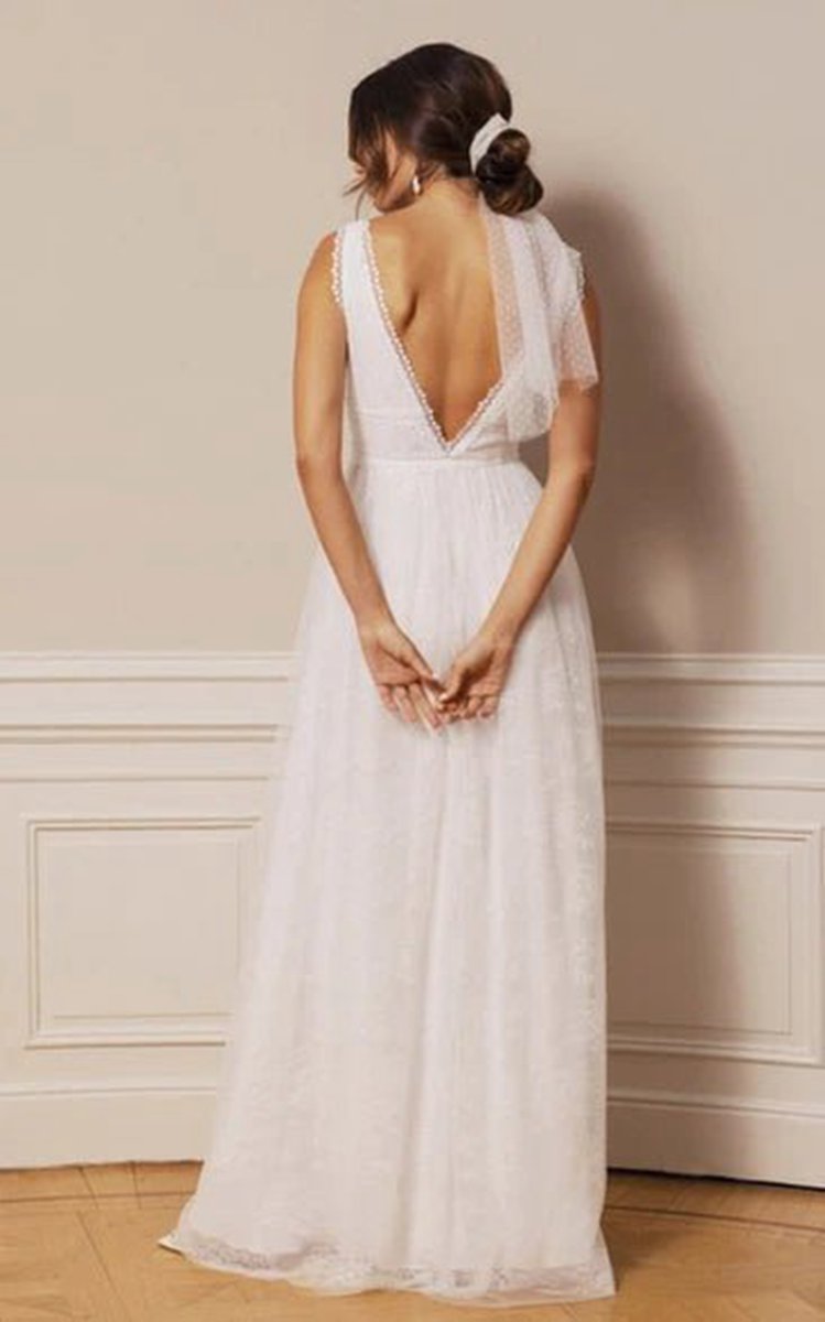 Bohemian Lace Tulle Plunging Neckline A-line Floor-length Deep-V Back Wedding Dresses