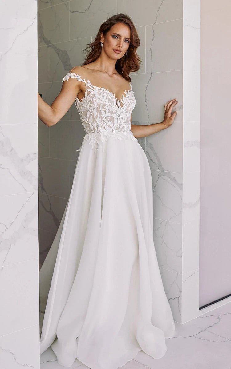A-line V-Neck Chiffon Floor Length Wedding Dresses with Appliques
