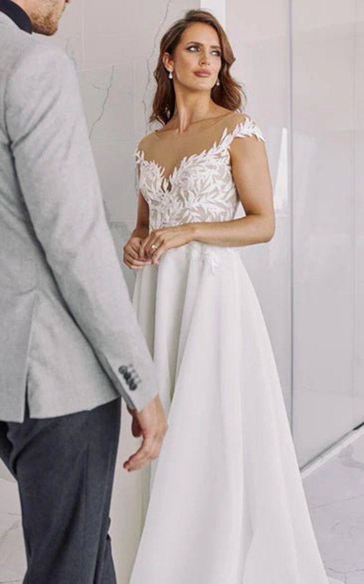 A-line V-Neck Chiffon Floor Length Wedding Dresses with Appliques