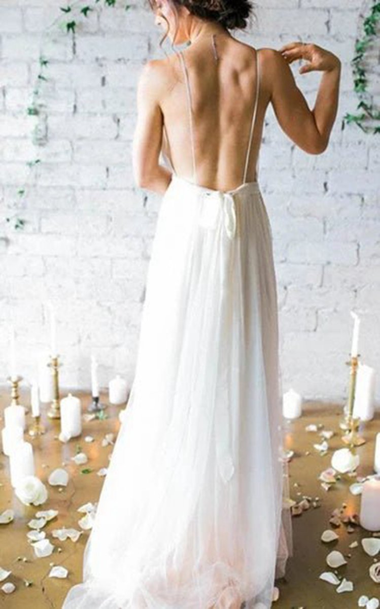 A-line V Neck Straps Spaghetti Sheath Chiffon Wedding Dresses