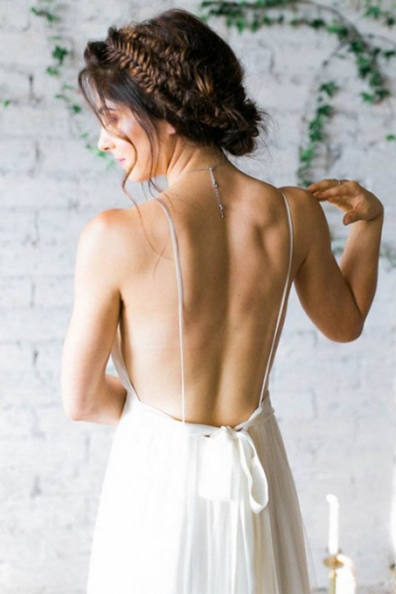 A-line V Neck Straps Spaghetti Sheath Chiffon Wedding Dresses