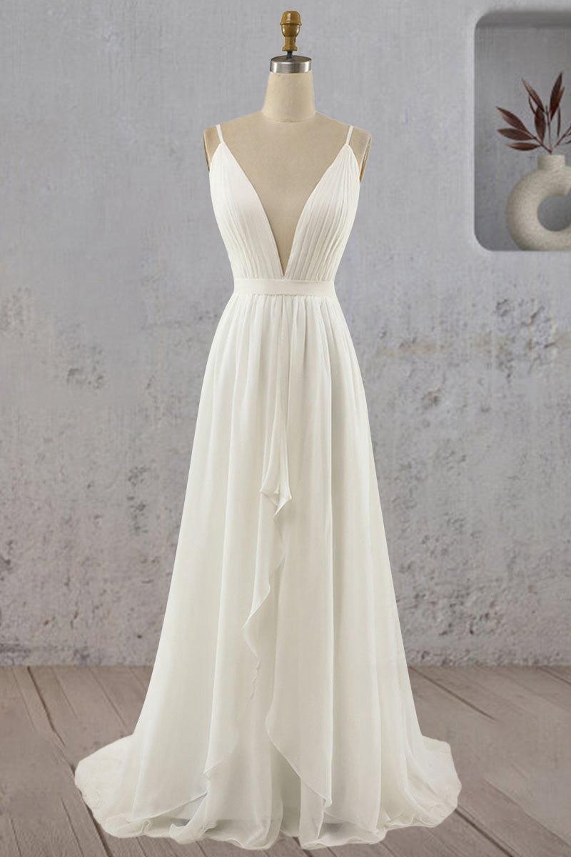 A-line V Neck Straps Spaghetti Sheath Chiffon Wedding Dresses