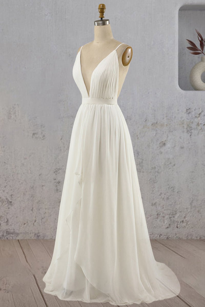 A-line V Neck Straps Spaghetti Sheath Chiffon Wedding Dresses
