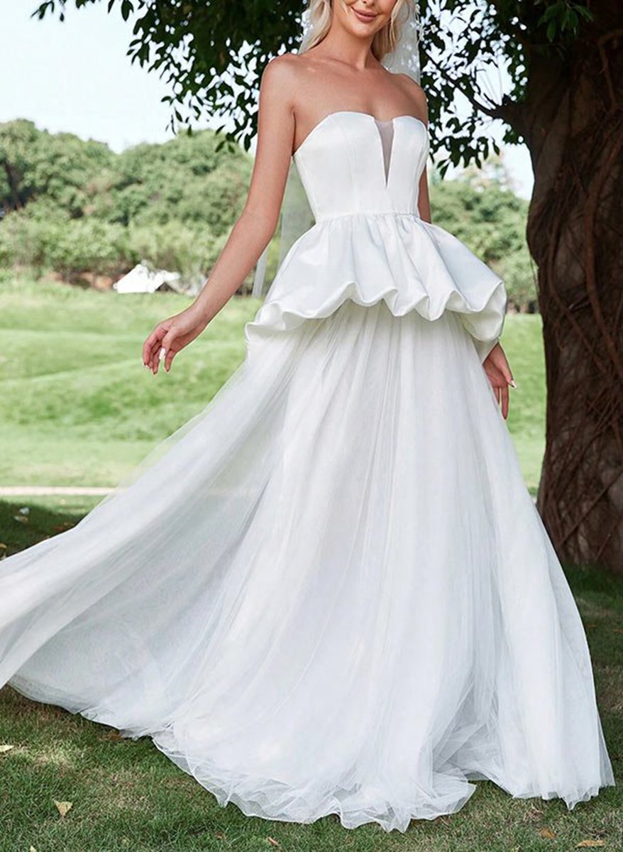 A-line Strapless Sleeveless Sweep Train Satin Tulle Wedding Dresses with Cascading Ruffles